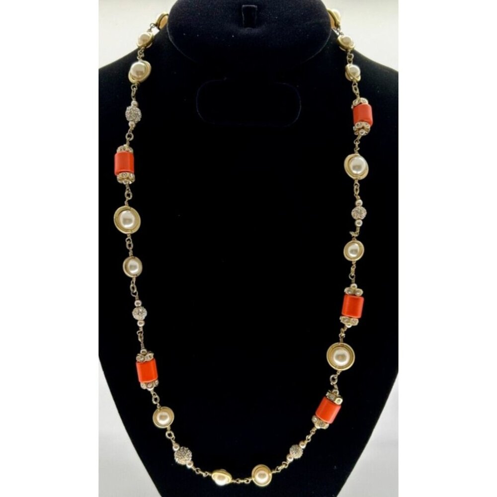 Vintage J.Crew Necklace Faux Pearl Orange Bead Gold Tone Rhinestone 29" Long